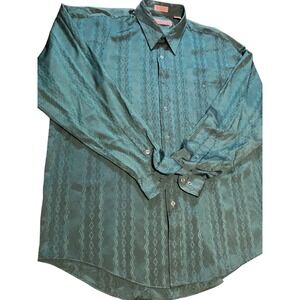 FLORENZI COLLECTION Mens Teal Jacquard Geometric Button Shirt XL Imported Fabric